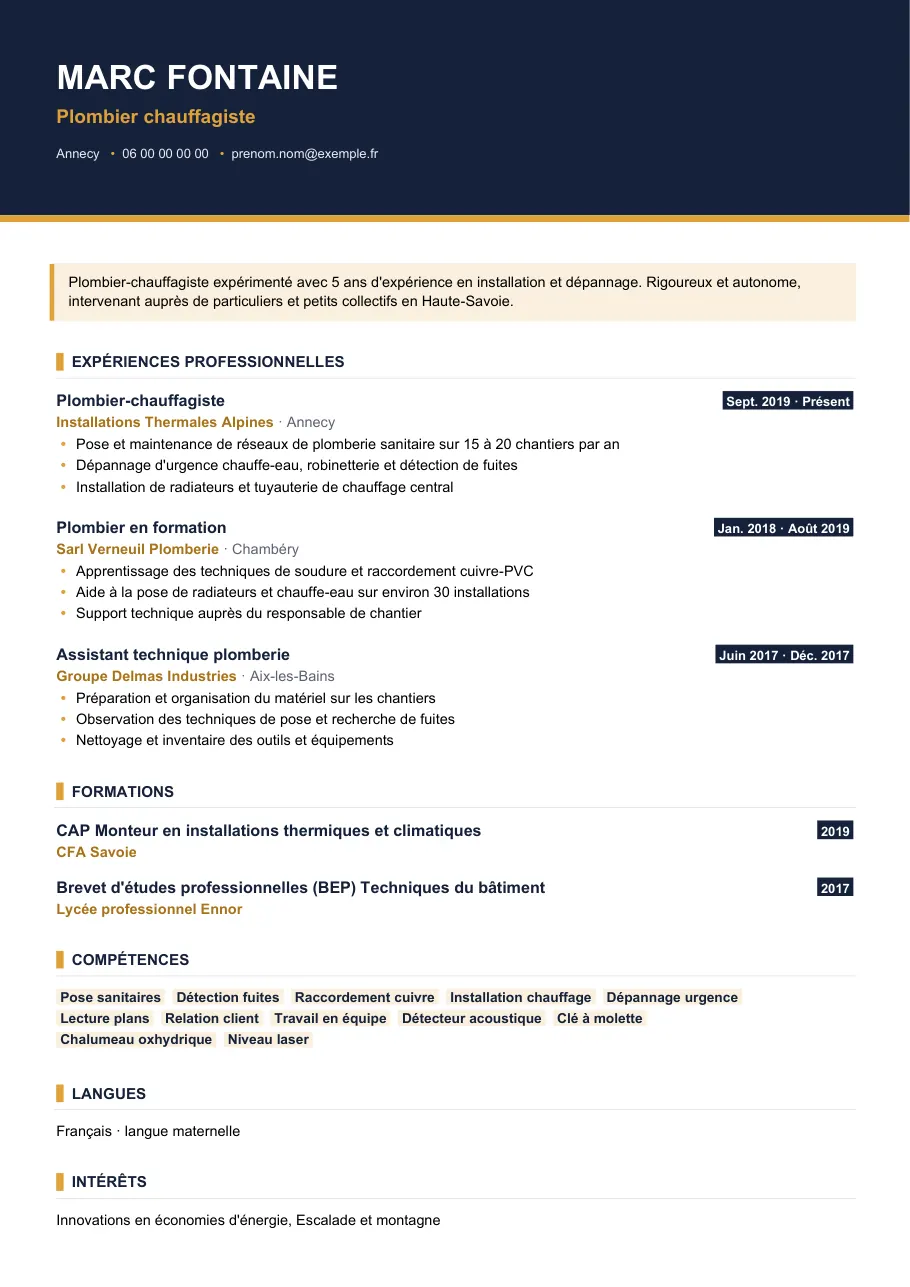 Exemple de CV de cv de plombier : junior ou expérimenté ?, modèle Visuel d'IGOR