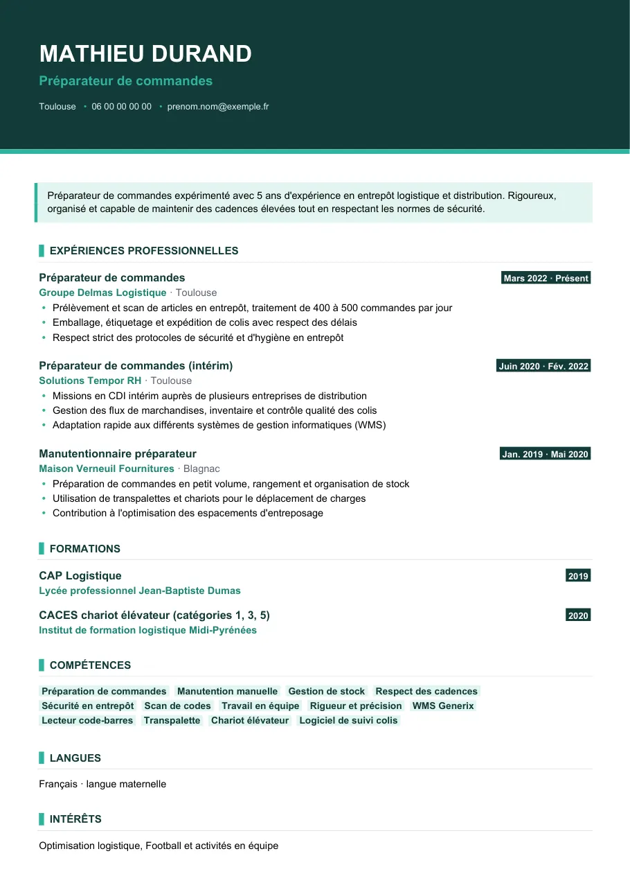 Exemple de CV de cv de préparateur de commandes en reconversion, modèle Visuel d'IGOR