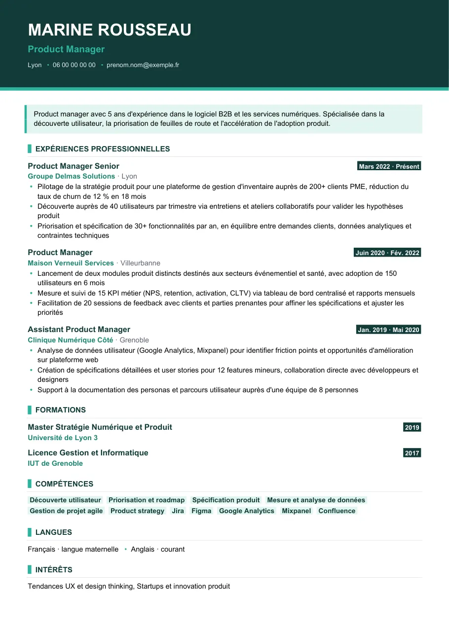 Exemple de CV de cv de product manager, modèle Visuel d'IGOR