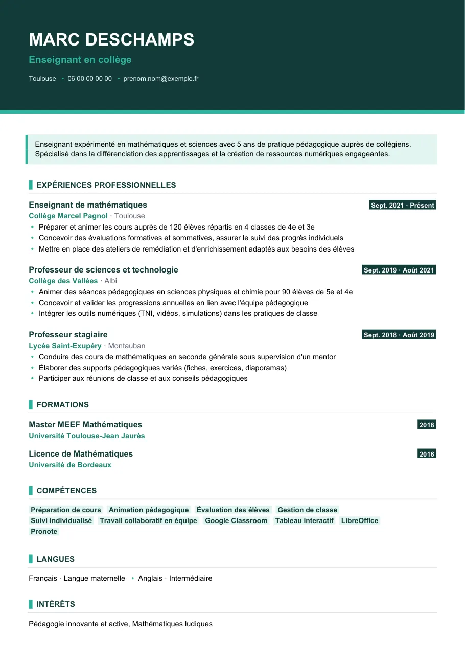 Exemple de CV de cv enseignant : préparation, classe et évaluation, modèle Visuel d'IGOR