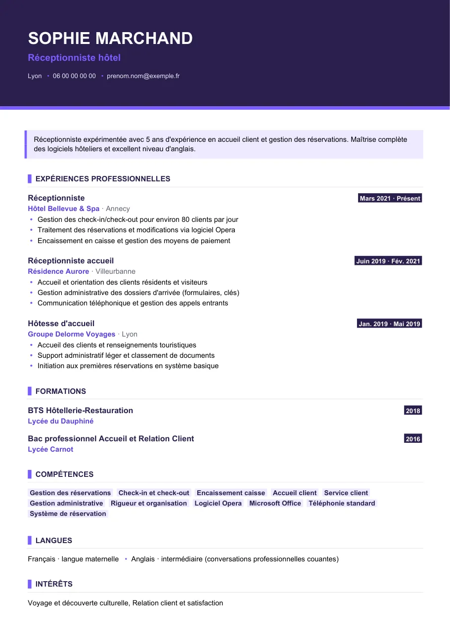 Exemple de CV de cv de réceptionniste : un dossier cohérent, pas trois versions, modèle Visuel d'IGOR