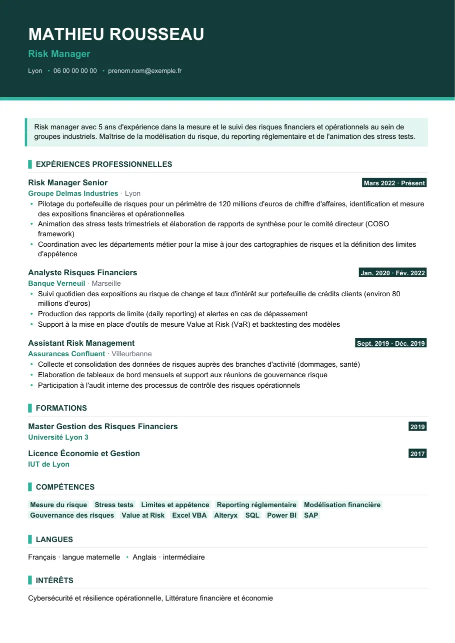 Exemple de CV de cv de risk manager : le guide complet, modèle Visuel d'IGOR