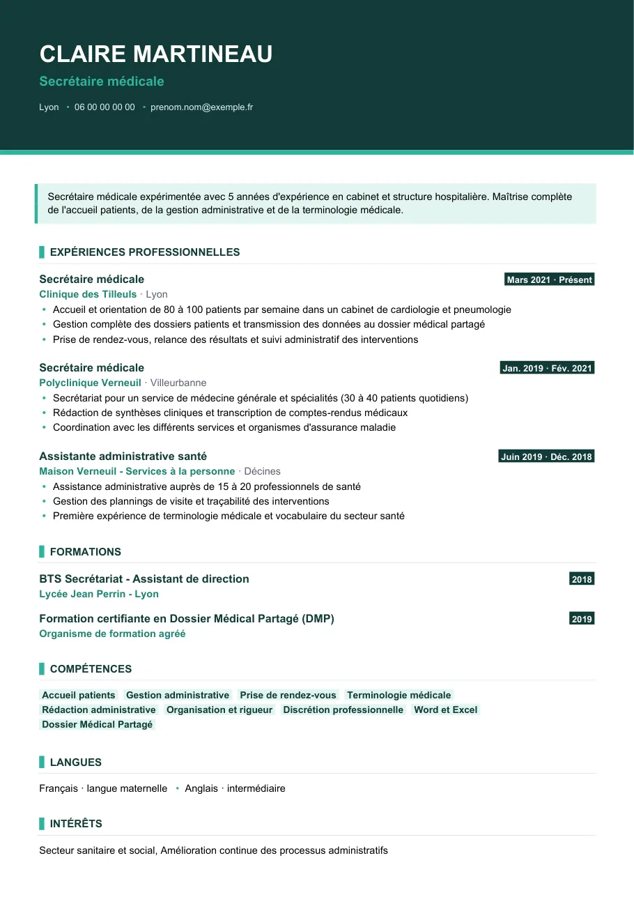 Exemple de CV de cv de secrétaire médicale : réussir sa reconversion, modèle Visuel d'IGOR