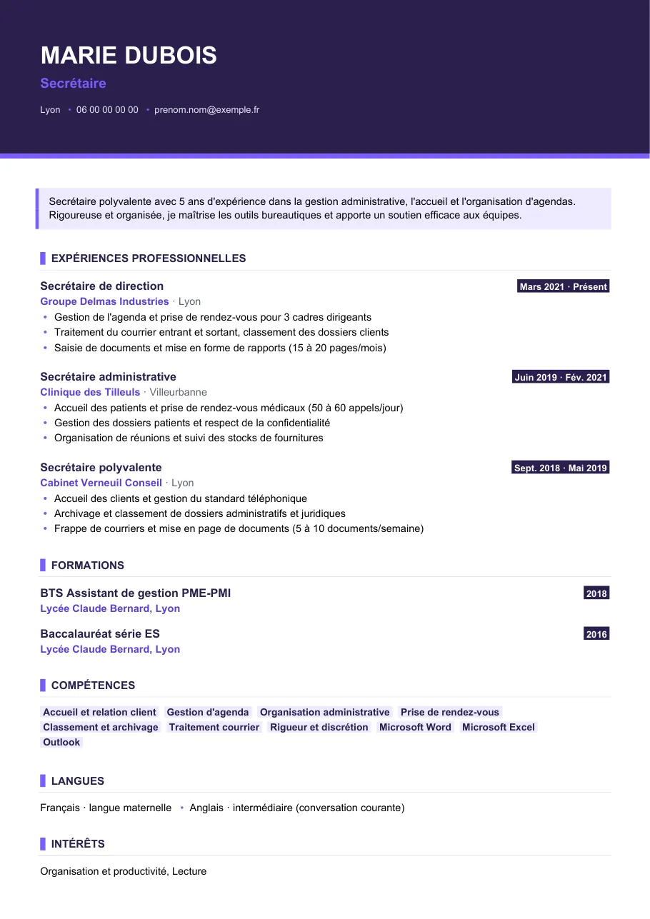 Exemple de CV de cv de secrétaire : un dossier cohérent, modèle Visuel d'IGOR
