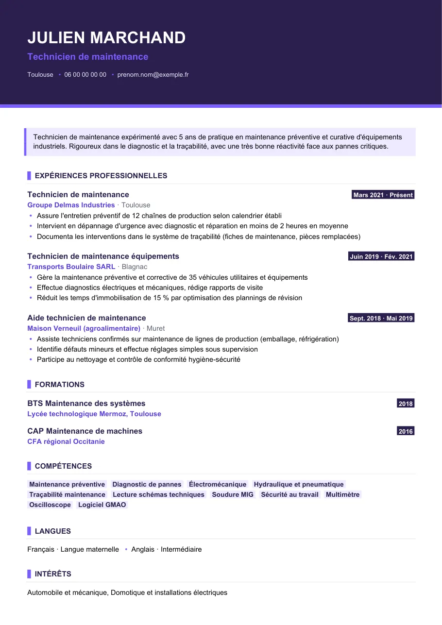 Exemple de CV de cv technicien de maintenance, modèle Visuel d'IGOR