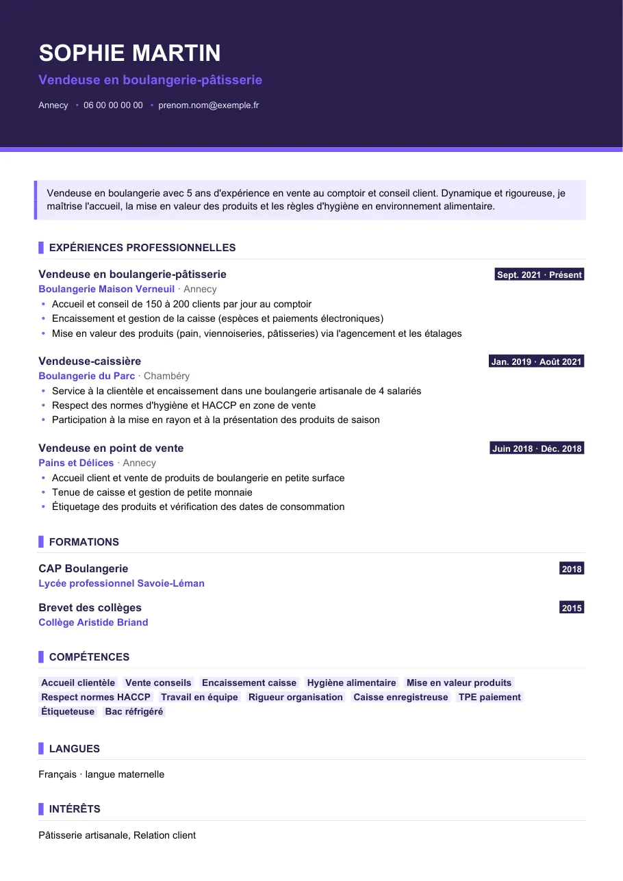 Exemple de CV de cv vendeuse en boulangerie : le bon vocabulaire, modèle Visuel d'IGOR